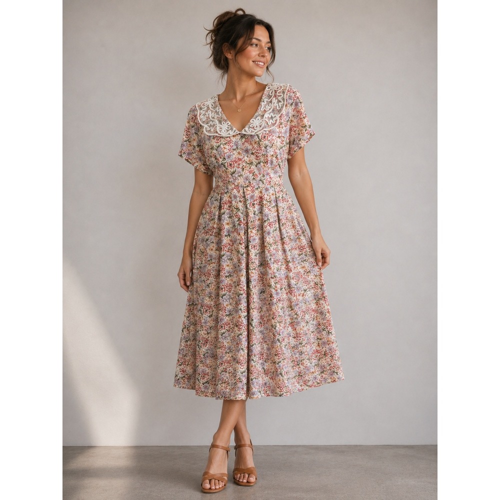 Expo Petite Floral Midi Dress Womens 14P Multicolor Lace Collar Vintage 90s USA